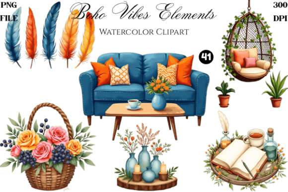Download Boho Vibes Elements Watercolor PNG - Elements Collection