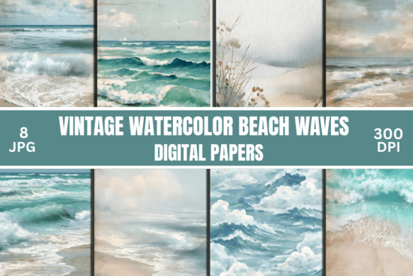 Download Watercolor Beach Waves Digital Papers - Waves Collection