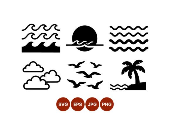 Download Sea Waves Palm Tree and Birds Vector - Waves Collection
